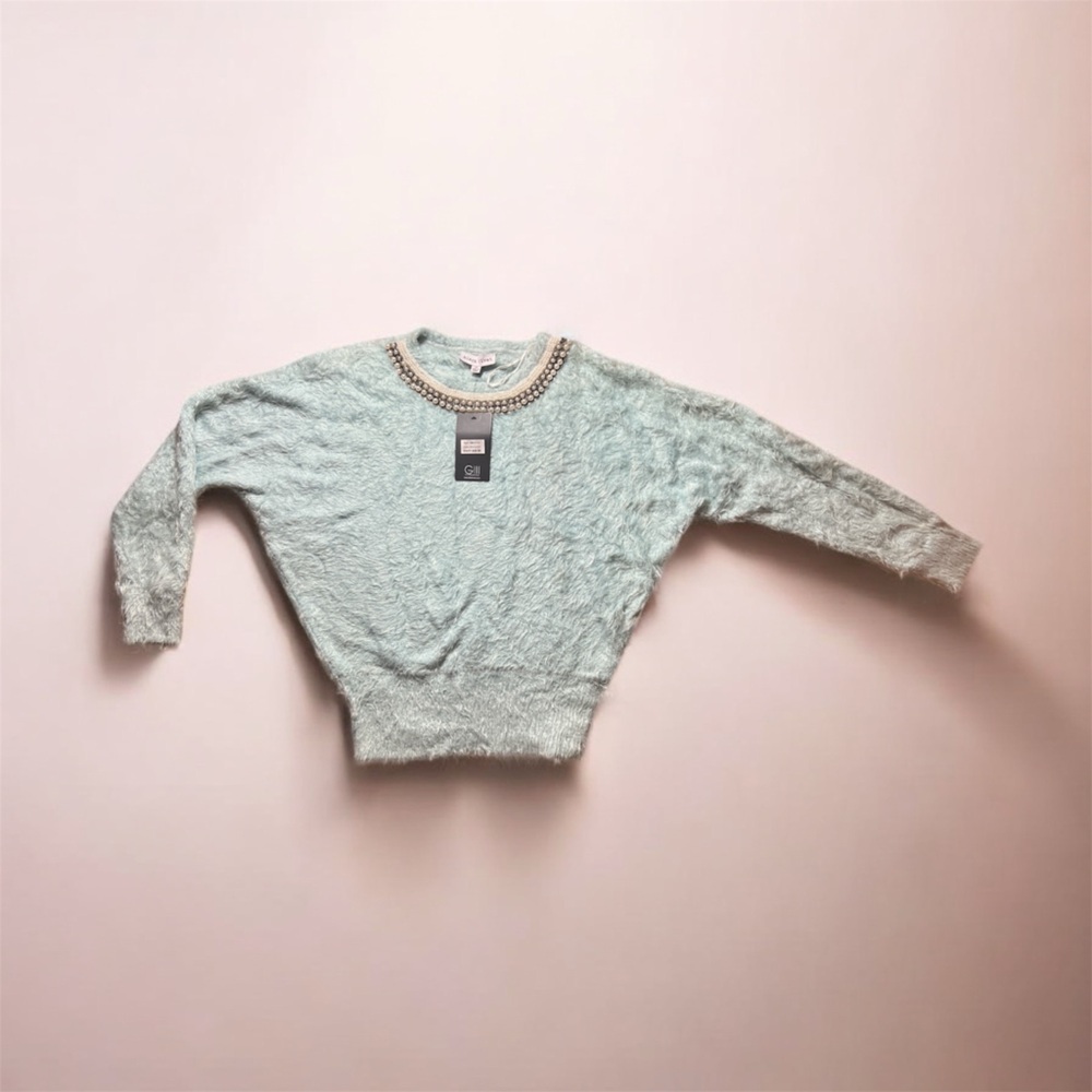 Black Rivet Pearl Embellished Fuzzy Sweater in Sea Glass - Size M (NWT)